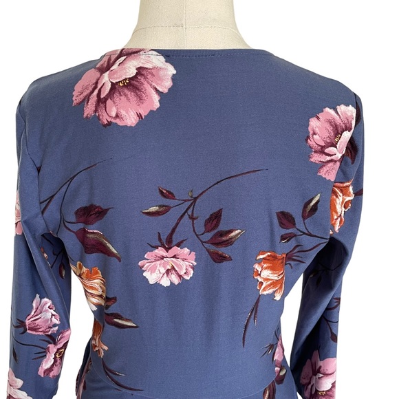 IZ BYER Sz M Blue Dress with Pink Floral Fit & Flare Faux Wrap Dress - Picture 11 of 13